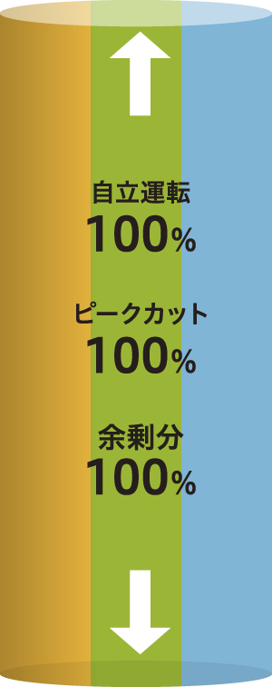 自立運転100％、ピークカット100％、余剰分100％